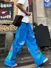 Pantalones de Verano para Hombre con Estampado de Letras Americanas de Pierna Ancha de Secado Rápido, Holgados Estilo Hip-Hop Paracaidista, Protección Solar, Pantalones Casuales
