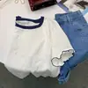 Camiseta Corta Blanca Chic para Mujer Verano Color de Contraste Base de Hombro Top Delgado Gasa Elegante Manga Corta