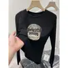 Nova camiseta de outono para mulheres, gola redonda canelada de manga longa, 100% algodão puro, moderna, versátil, rejuvenescedora, preta, modeladora, estilo casual