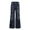 Patrón de punto de cruz, lavado azul claro, desgastado, plisado, pantalones vaqueros bordados a mano, unisex, retro, pierna curva, apilados, pantalones de pierna recta