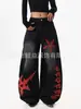 Jeans Preto e Vermelho com Cruz de Espinhos Estilo Gótico, Calças Largas Vintage de Subcultura Hot Girl Soltas de Comprimento Total