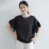 Blusa Redonda Tendência e Jovem de Algodão e Linho com Manga Curta, Novo Estilo de Verão, Caimento Solto, Valoriza a Silhueta, Camiseta Casual com Manga Sino para Mulheres