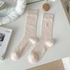Meias com laço bordado de verão finas listras verticais cor sólida meias cano alto absorventes de suor respiráveis malha meias felpudas
