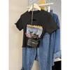 Camiseta de manga corta con estampado vintage de estilo americano para mujer, moderna camiseta de verano con diseño calado único.