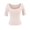 Ropa de mujer transfronteriza al por mayor 2026 verano nuevo estilo sexy con botones cuello redondo bajo manga media ajustada elástica camiseta