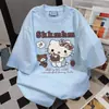 Camiseta de Manga Corta Retro Americana con Estampado de Letras Divertidas de Hello Kitty para Mujer, Cuello Redondo, Linda, Casual de Verano, Top Holgado