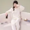 Conjunto de Pijama de Manga Longa e Calça Longa de Gaze Dupla Crepe de Algodão Puro 100% Classe A para Primavera e Outono, Solto e Confortável, Tamanho Plus