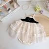 Macacão de Verão Dianxi com Alça Fina e Renda de Coração para Bebês Meninas Estilo Doce Vestido Colete Tricotado Bordado