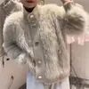 Outono e Inverno novo estilo suéter de pele sintética feminina gola alta de um botão solto Rede Vermelha Casaco feminino estilo preguiçoso cardigã de tricô moda