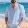 Camisa Casual de Lino para Hombre, Transfronteriza Europea y Americana, Holgada, Cuello en V, Manga Larga, Color Sólido, Holgada, Algodón-Lino, Transpirable, Camisa Base