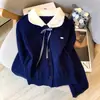 Suéter de punto azul estilo coreano con botones, lazo, cuello de muñeca y manga larga para mujer, top dulce de otoño ajustado