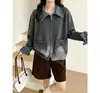 Cardigã de tricô patchwork de jeans estilo europeu outono/inverno 2026, com lapela, zíper e blocos de cor, jaqueta suéter feminina solta e versátil