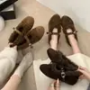 Zapatos Mary Jane Retro Plus de Terciopelo con Tacón Oculto para Mujer, Temporada Otoño/Invierno, Moño de Piel de Cordero, Calidez, Zapatos de Algodón Calientes de Ballet