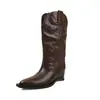 Botas de montaria femininas com aumento de altura em couro bovino de camada superior, botas longas de cano alto, couro genuíno por dentro e por fora, botas de salto alto com bico quadrado e corte em V, acima do joelho para mulheres