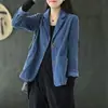 Primavera de 2023 Novo Blazer de Veludo Cotelê com Gola Curta Tops Femininos Literário Retrô Casual Cor Sólida Manga Longa Tops Top