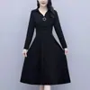 Vestido de Color Sólido de Manga Larga con Cuello Polo Transfronterizo para Mujer Primavera y Otoño Vestimenta de Dama Noble Madre de Mediana Edad Cintura Ajustada Falda de Línea A de Longitud Media