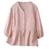 Camisa Jacquard Simples Casual de Manga Longa para Outono Novo, Plus Size, Feminina, Gola V, Costura Colorida, Efeito Emagrecedor para Pessoas de 100kg, Top 7940