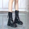 Botas Retro Negras Gruesas de Tacón Alto Estilo Británico para Mujer 2025 Nuevo Otoño e Invierno con Efecto Adelgazante para Faldas Botines Cortos Forrados de Polar