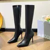 Botas pretas de salto alto longas para mulheres, novo modelo 2026, bico fino, salto fino, botas justas elásticas, botas longas acima do joelho