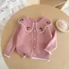 Cardigan de Tricô Bordado Floral com Gola Grande para Meninas da Primavera e Outono Jaqueta Suéter Color Block Estilo Coreano Cor de Bebê
