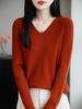 25 Años Principios de Otoño Nuevo Andy Terciopelo Cuello en V Tejido de Punto Manga Larga Mujer Color Puro Raya de Canalé Holgado Suéter Camiseta de Base Top