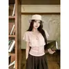 Camisa de color albaricoque, estilo dos piezas, con cuello de lazo en V y manga con volantes para mujer, top elegante de manga corta entallado para ceñir la cintura, de verano