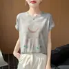 Nueva Camiseta de Punto Fino para Mujer, Cuello Redondo, Manga Corta, Estampado de Sombrero de Paja, Holgada, Jersey Base, Primavera/Verano 2026