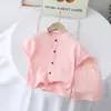 Ropa de Casa 2026 Color Sólido Verano Ropa Infantil para Niños y Niñas, Doble Capa Algodón Gasa Color Sólido Cuello Alto Botón Cárdigan Casual Conjunto de Dos Piezas