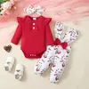 Conjunto de Tres Piezas para Niña Primavera y Otoño 2022 Nuevo Coreano Explosiones Color Sólido Top de Manga Larga + Pantalones con Tirantes Estampado de Flores