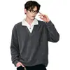 Sudadera con Capucha de Punto Gofrado con Solapa de Camisa de Dos Piezas Falsas de Textura Azul Klein para Hombre Manga Larga Holgada para Personas Perezosas para Superponer