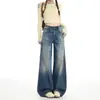 Jeans retro de pierna ancha color azul estilo americano para mujer, nueva colección primavera/otoño 2026, tiro bajo, corte holgado, adelgazantes, pierna recta, pantalones largos hasta el suelo