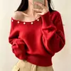 Suéter de punto de un hombro estilo coreano para mujer, nueva colección de otoño, suéter tipo pullover de corte holgado, diseño puro y simple, color liso, top con botones