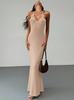 Vestido Largo de Moda Transfronterizo 2025 con Cuello en V Espalda Descubierta Sexy con Abertura Alta Vestido Halter Hermosa Espalda Vestido de Punto con Cuello Halter