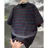 Camiseta Listrada de Manga Curta com Gola Redonda Estilo Americano Pesado para Verão para Homens e Mulheres Marca Tendência Versátil Casual Solta Manga Meia Manga Camada Base