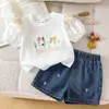 Ropa para Bebés Niñas 0-3 Años Verano Top con Mangas Abullonadas Bordado Floral para Bebé Niña + Pantalones Cortos de Mezclilla En Stock
