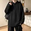 Camiseta Henley de Manga Longa com Padrão Espinha de Peixe Masculina Outono Estilo Old Money Design com Capuz Senso de Design Top Pulôver Solto