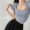 Camiseta de Manga Curta Retro Estampa Espinha de Peixe Floral Gola Quadrada Exposta Clavícula Puro Desejo Camiseta Básica para Mulheres Efeito Emagrecedor Sexy Justa