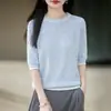 Top de Manga Corta para Mujer de Lino-Algodón con Adornos de Lentejuelas Iridiscentes, Cuello Redondo, Diseño Hueco, Único, Transpirable, Ropa Versátil para Mujer