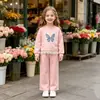 Conjunto de Dos Piezas para Niñas de Primavera y Otoño Europeo y Americano con Adorno de Encaje de Mariposa Sudadera + Pantalón de Chándal Cómodo en Stock