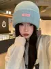 Gorro de Lana Tejido con Parche Azul, Cabeza Grande, Adelgazante, para Mujer, Otoño e Invierno, Cálido, Versátil, Protector de Orejas