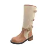 Botas Longas Retrô Patchwork Femininas 2026 Outono Novo Estilo Botas de Cavaleiro com Fivela Salto Grosso Cano Alto Botas Jeans