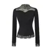 Camiseta Manga Longa Gola Meia-Alta com Renda Puro Desejo, Nova Moda Primavera Versátil Slim Fit Camada Base para Mulheres