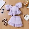 Ropa para Niños Yaya 25 Estilos Nuevos Transfronterizo Europeo y Americano Color Sólido Plisado Manga Abullonada Mariposa Top + Pantalones Cortos con Volantes Conjunto