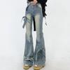 2024 Nova Primavera e Outono Jeans Americano Retrô Laço Micro Boca de Sino Feminino Design Explosivo Cintura Alta Calças Mop