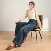 Jeans Retro Azul de Cintura Alta Afunilado para Mulheres Outono 2026 Calças de Perna Larga Comprimento Total Moda Versátil Perna Reta
