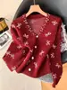Colección nueva Otoño/Invierno 2026: cárdigan de punto, estilo dulce, bordado, con abalorios, cuello en V, corte holgado, prenda exterior para mujer, moderno