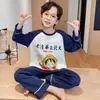 Pijama masculino para primavera e outono, conjunto fino de algodão puro com mangas compridas para crianças, roupa de casa estilosa estilo cartoon para meninos mais velhos
