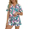 Novo Conjunto de Pijama Feminino de Verão Europeu e Americano da Amazon com Gola Lapela Estampada Conjunto de Duas Peças com Shorts Estampados Digitais de Manga Curta