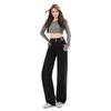 Jeans Negros de Mujer Estilo Retro Americano de Doble Botonadura con Cintura Alta y Caída Adelgazante, Pantalones Rectos Largos y de Longitud Extendida, Venta Directa de Fábrica