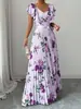 Vestido Maxi Floral de Verão 2026 com Manga Bufante e Decote em V Comércio Exterior Europeu e Americano Elegante Temperamento Plissado Elegante Vestido Romântico